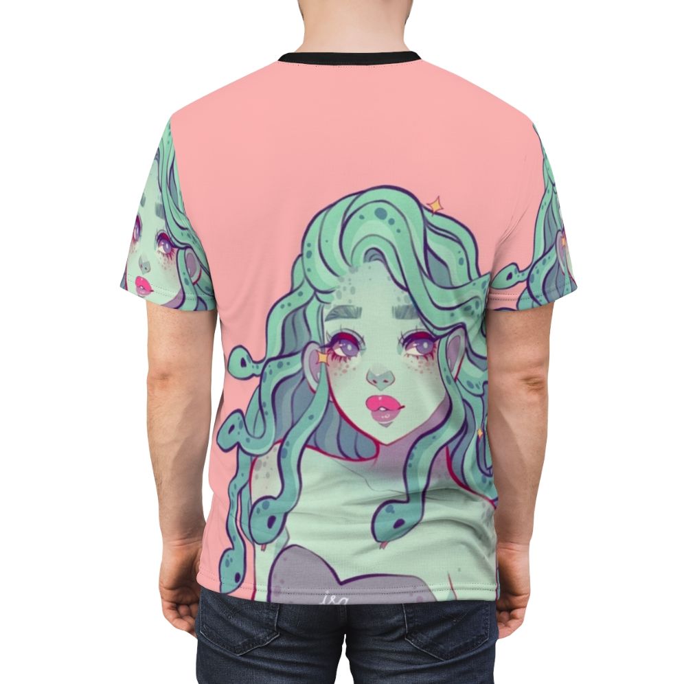 Captivating Medusa-themed graphic t-shirt with a pink, sweet, and indie vibe - men back