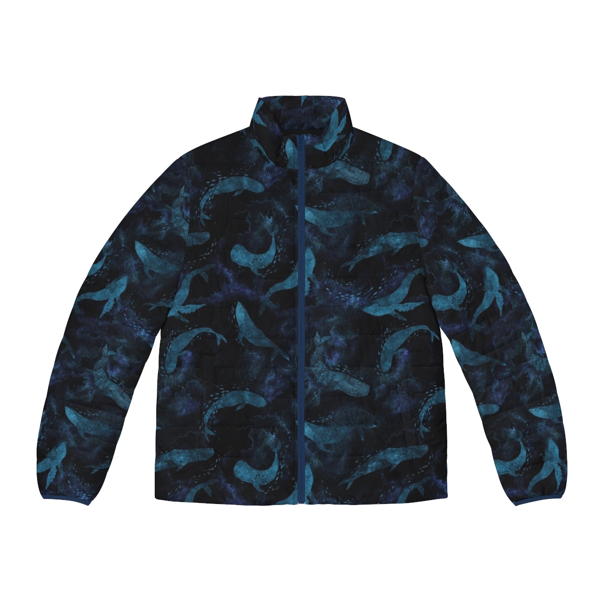 Indigo blue puffer jacket featuring whales and marine life design