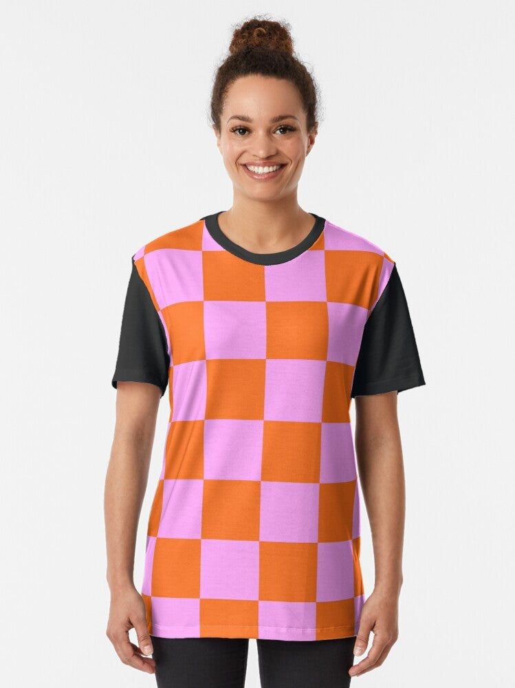 Retro checkerboard pattern t-shirt in bright orange, red, and pink colors - Women