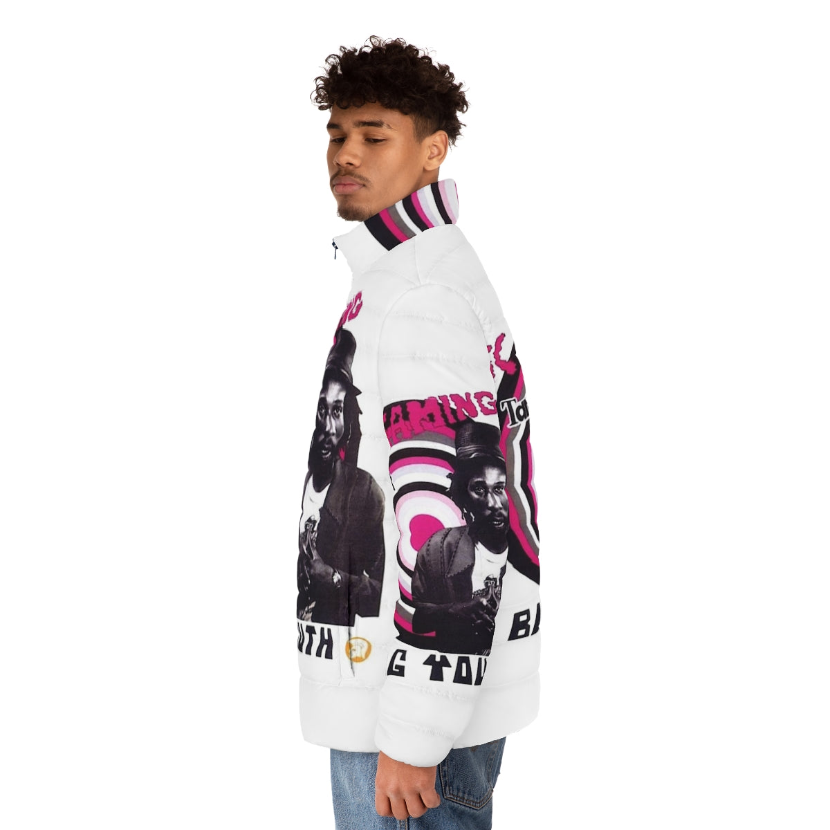 Youth wearing a 70s-style puffer jacket with a reggae-inspired screaming target design - men side left