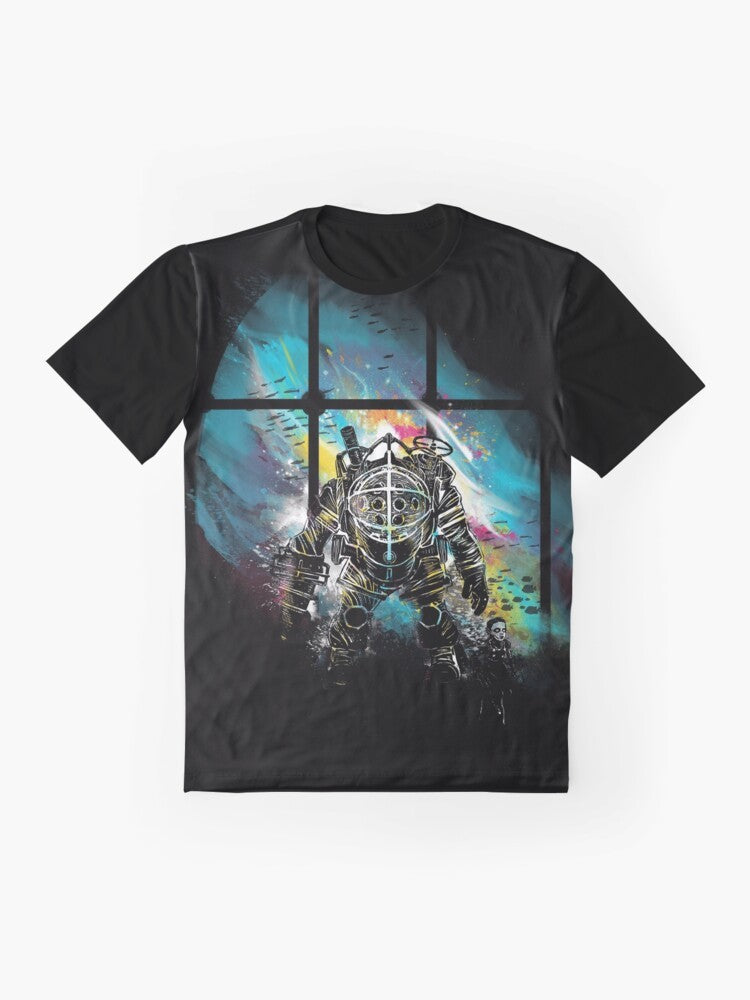 Bioshock-inspired Mr. Bubbles graphic t-shirt featuring the iconic Big Daddy character from the video game series. - Flat lay