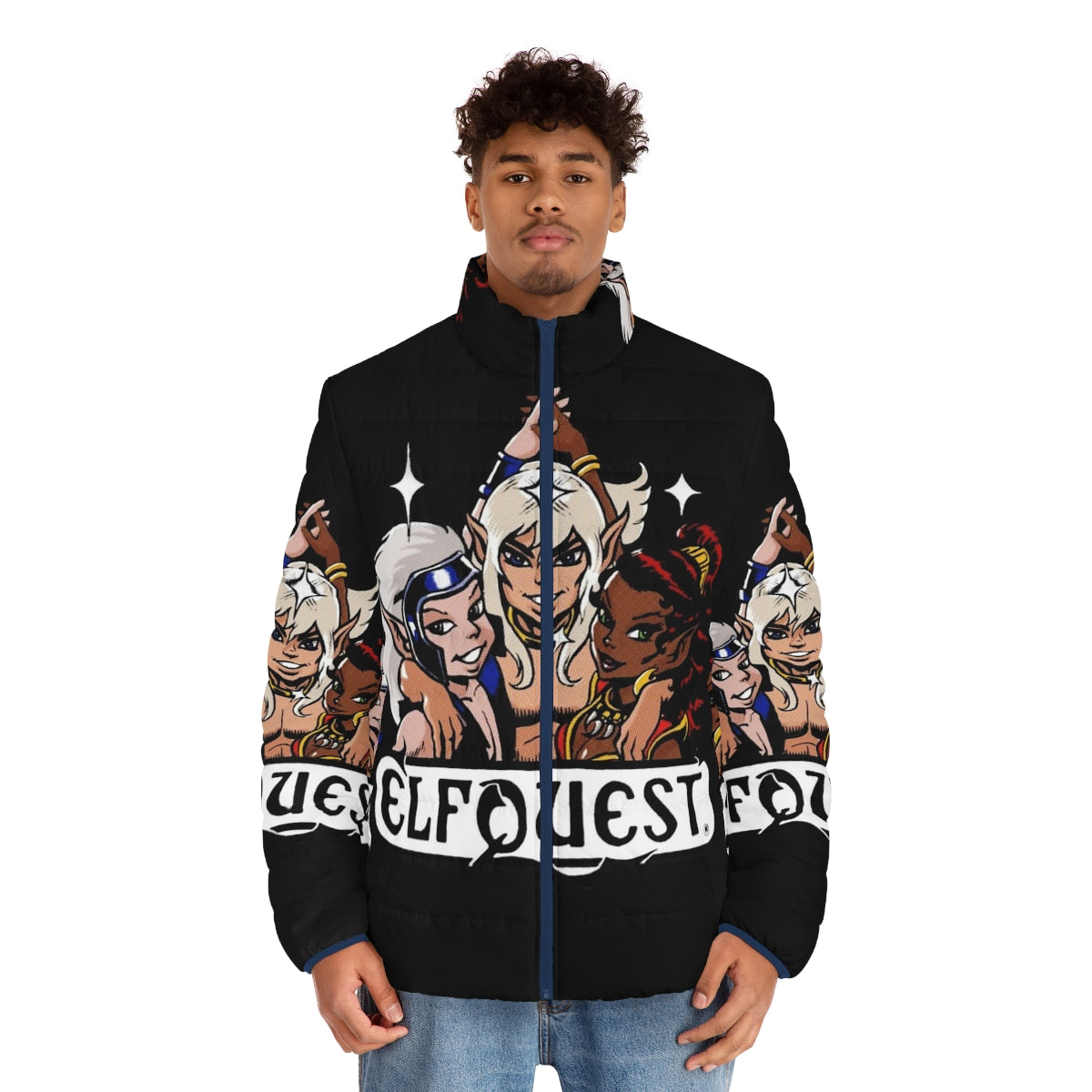 Elfquest Retro Puffer Jacket featuring fantasy characters and vintage comic art - men front