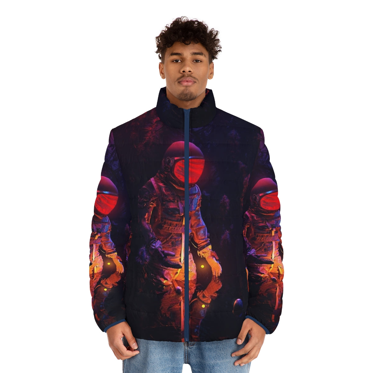 Stellar Spot Puffer Jacket featuring a space-inspired design with surreal patterns and celestial elements - men front