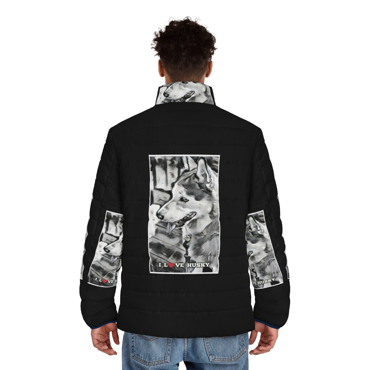 Husky dog wearing a puffer jacket in a snowy winter landscape - men back