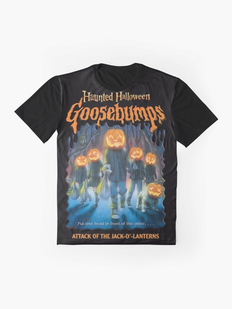 Haunted Halloween Goosebumps Graphic T-Shirt with jack-o-lantern and monster illustration - Flat lay