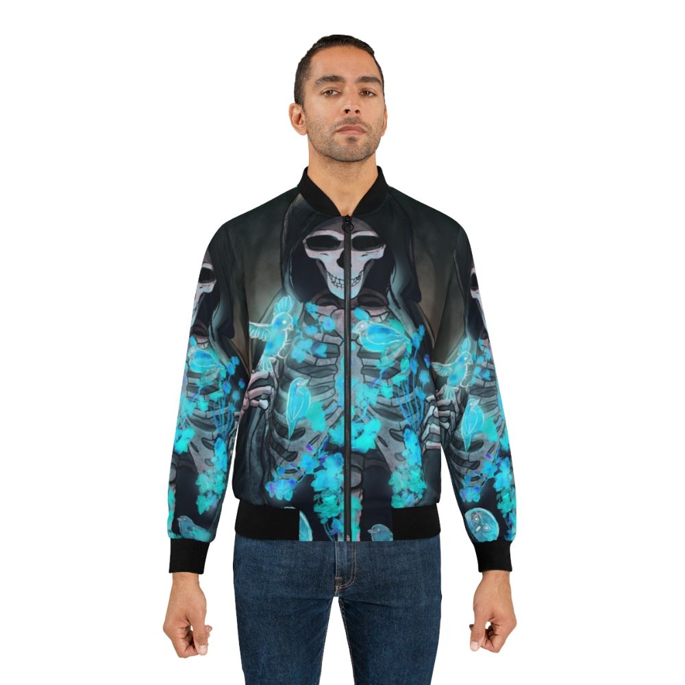 Dark gothic supernatural bomber jacket with reaper, skeleton, and nature motifs - Lifestyle