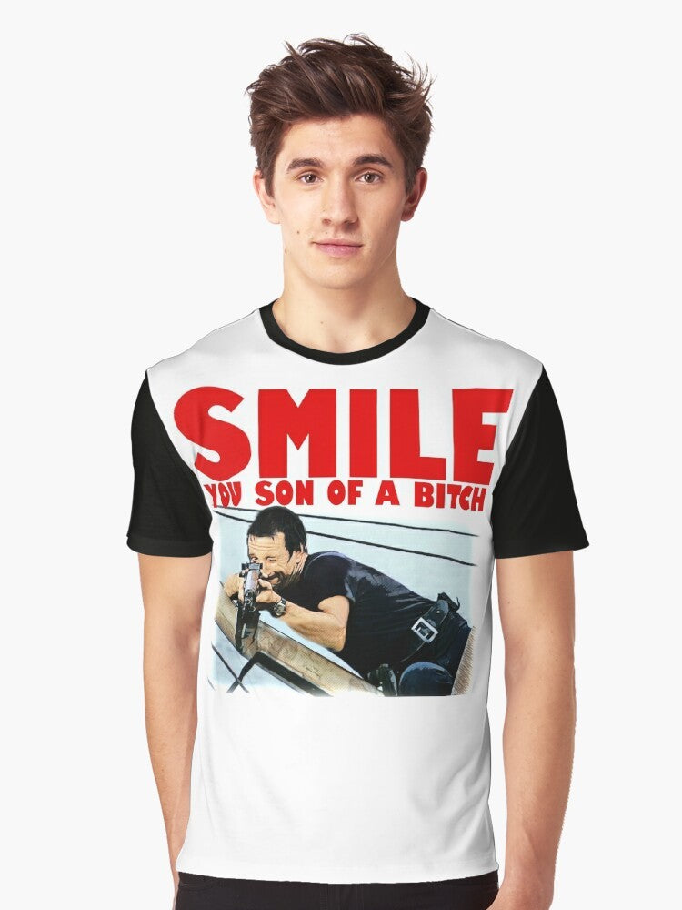 Graphic t-shirt with a retro Jaws movie-inspired design featuring a shark and the quote "Smile You Son of a Bitch" - Men