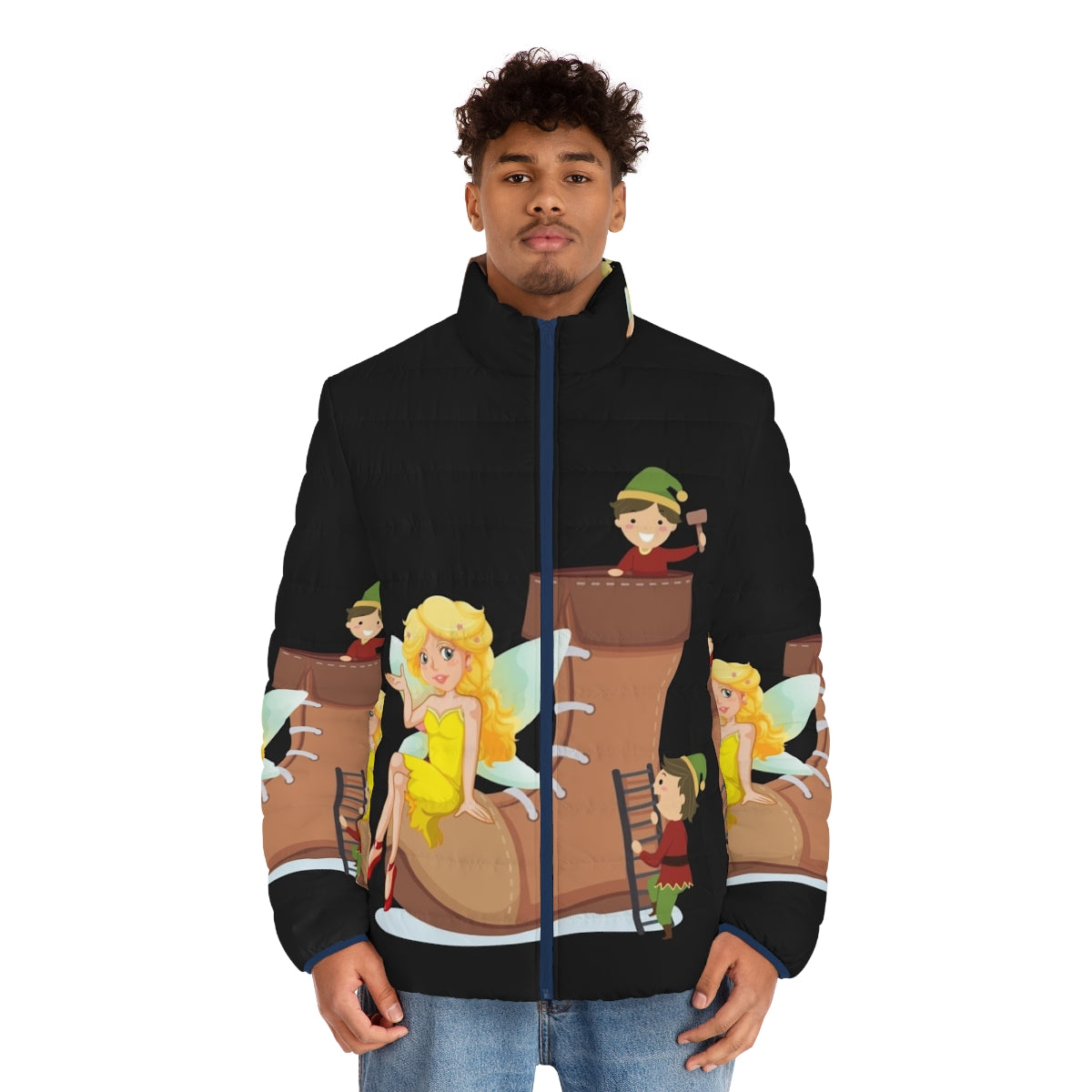 Legendary Animals Puffer Jacket featuring a mystic dragon, unicorn, and other fantasy creatures - men front