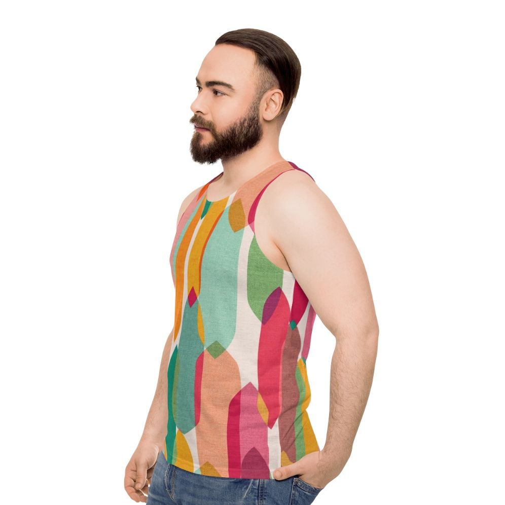 Colorful mid century modern droplets pattern on unisex tank top - men side