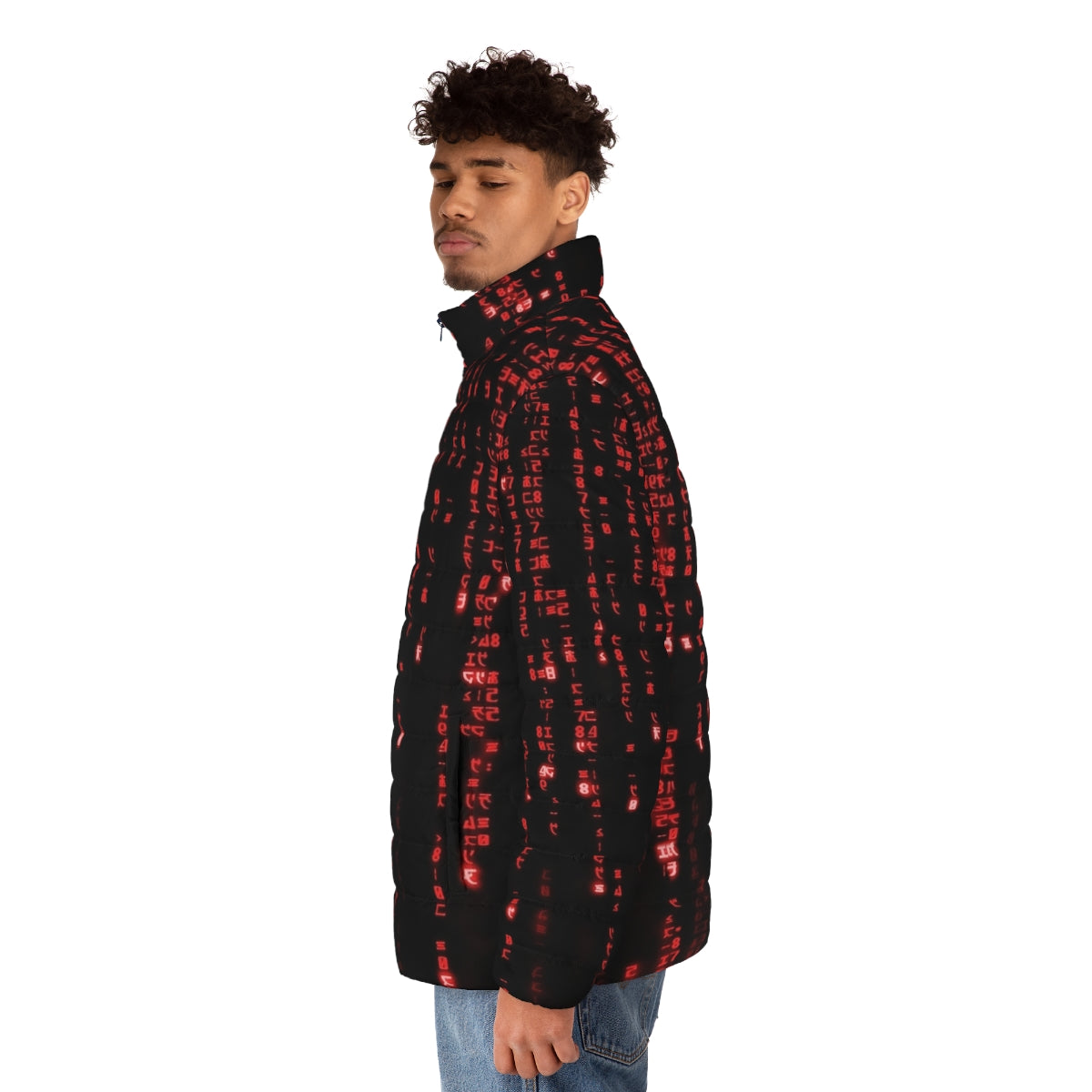 The Red Matrix Code Puffer Jacket with binary code and futuristic graphic design - men side left