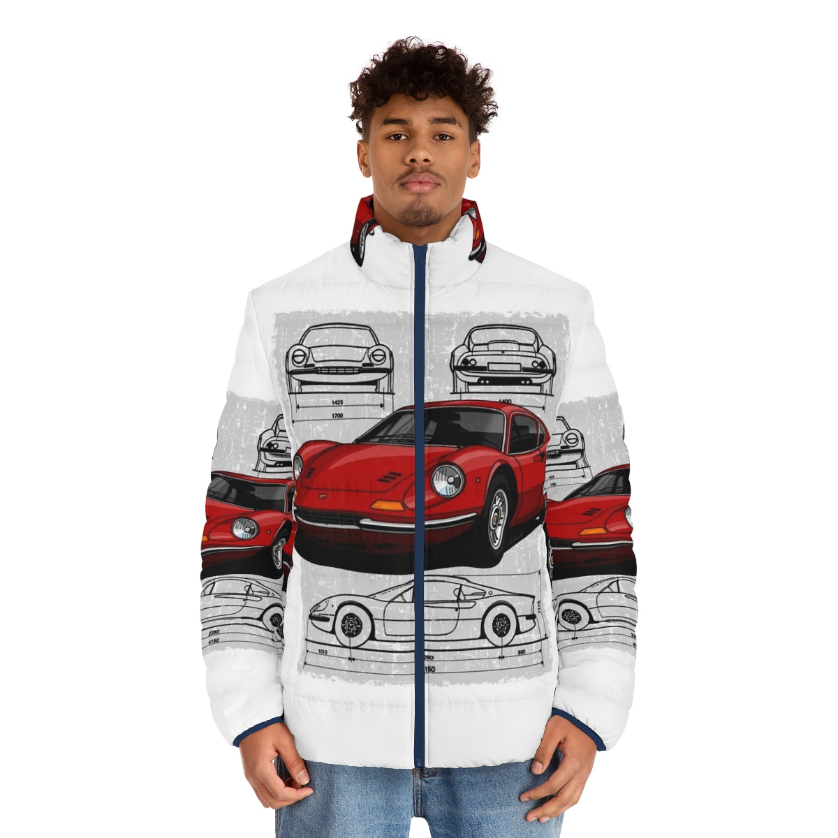 Illustration of a Ferrari Dino 206/246 GTB/GTS sports car printed on a puffer jacket - men front