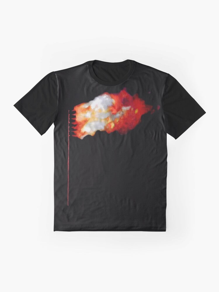 Graphic t-shirt with a burning American flag design, representing political protest. - Flat lay