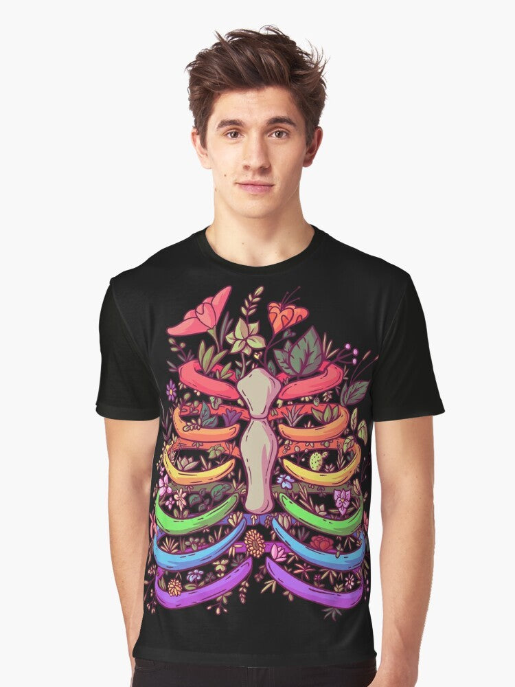 Colorful floral graphic t-shirt with the phrase "Love Wins" on a rainbow background - Men