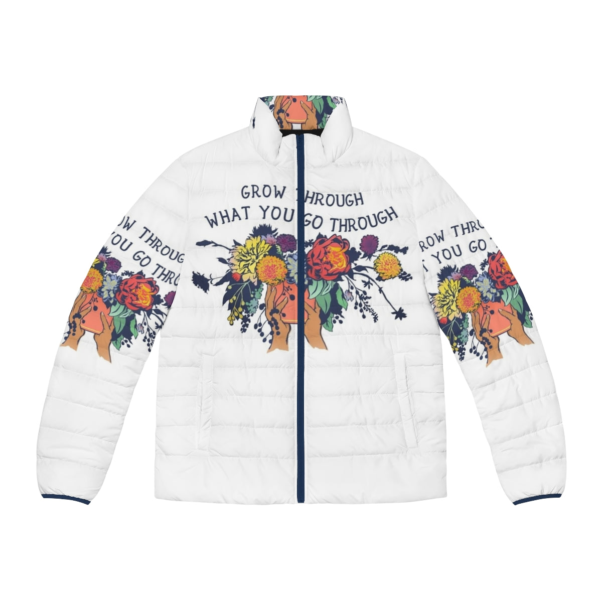 Puffer jacket with floral design and inspirational quote "Grow Through What You Go Through"