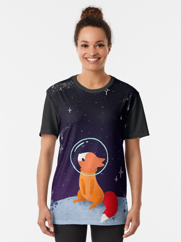 A digital illustration of a cute red fox wearing an astronaut suit, exploring the galaxy with a starry background. - Women