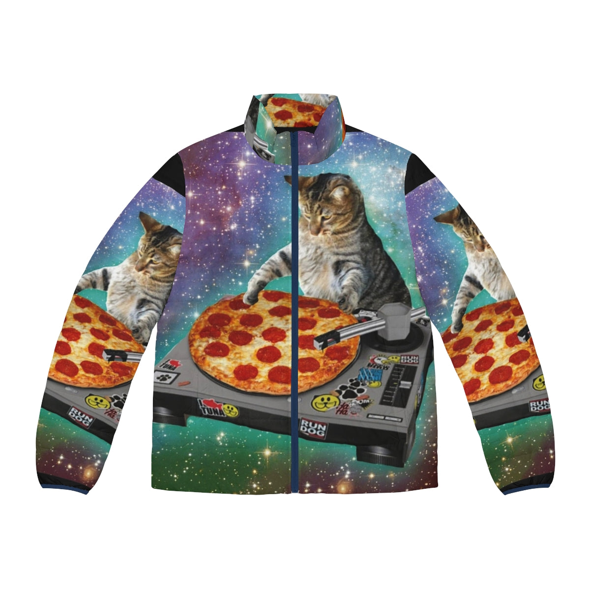 Dj cat pizza puffer jacket with a hilarious meme design