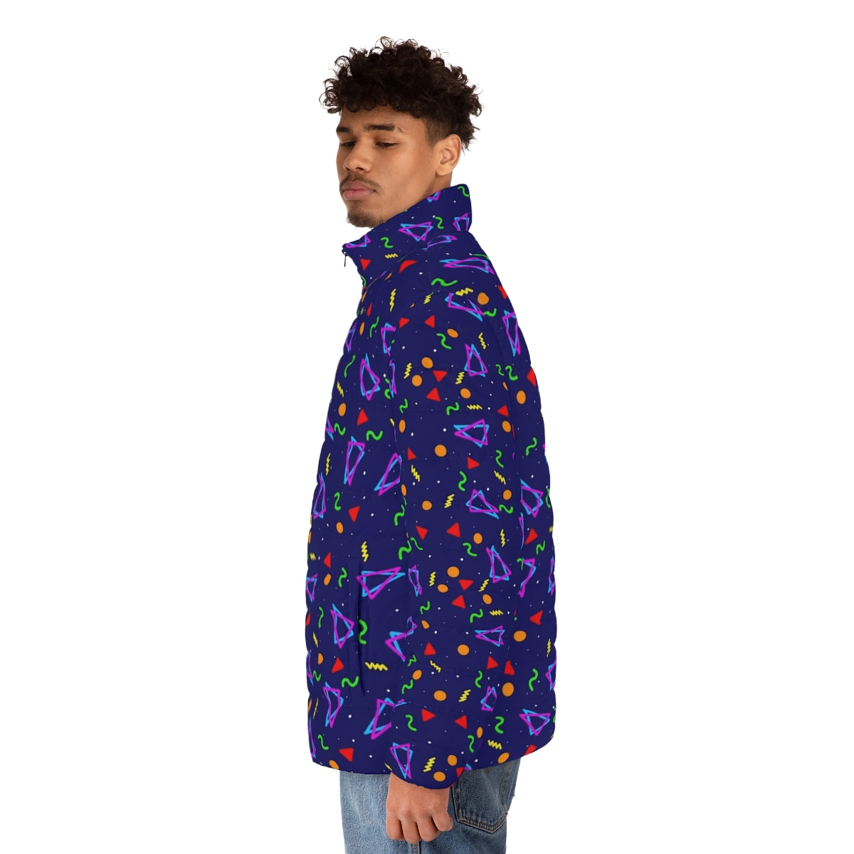 Arcade Carpet Puffer Jacket with Retro 80s Video Game Inspired Design - men side left