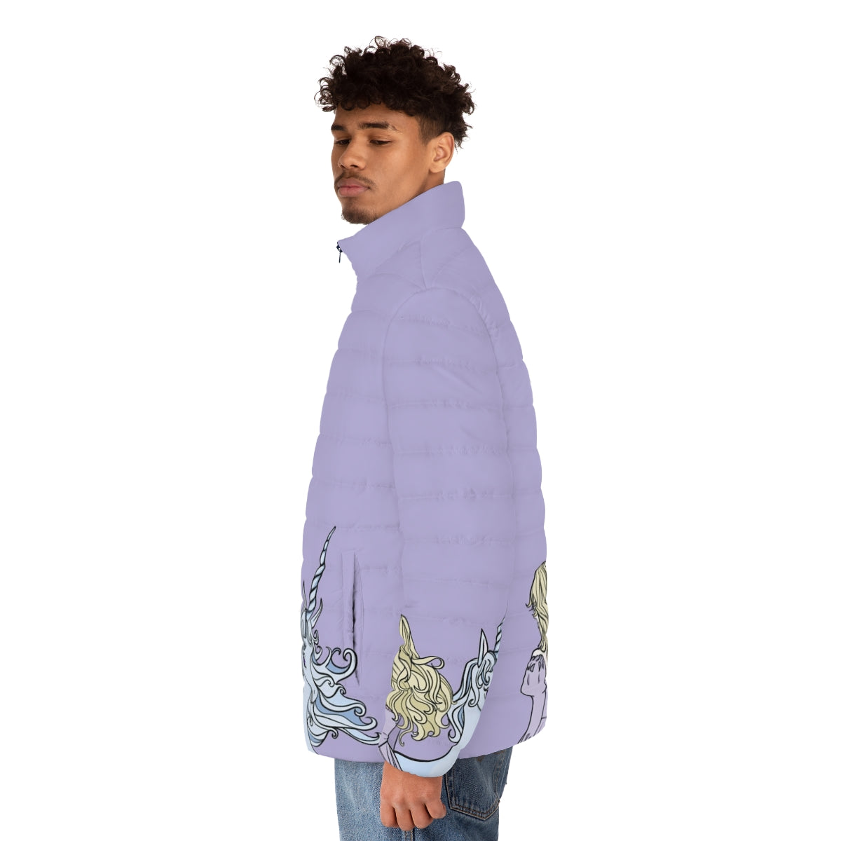 Lady Amalthea from The Last Unicorn inspired puffer jacket with whimsical unicorn design - men side left