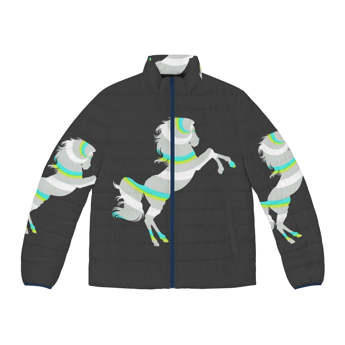 Colorful abstract puffer jacket with horse and legendary animal design