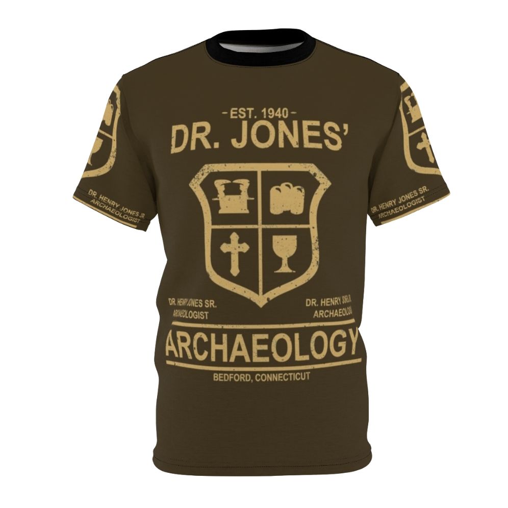 Archaeology themed t-shirt inspired by the Indiana Jones movie franchise, featuring Dr. Jones and iconic elements from the films.