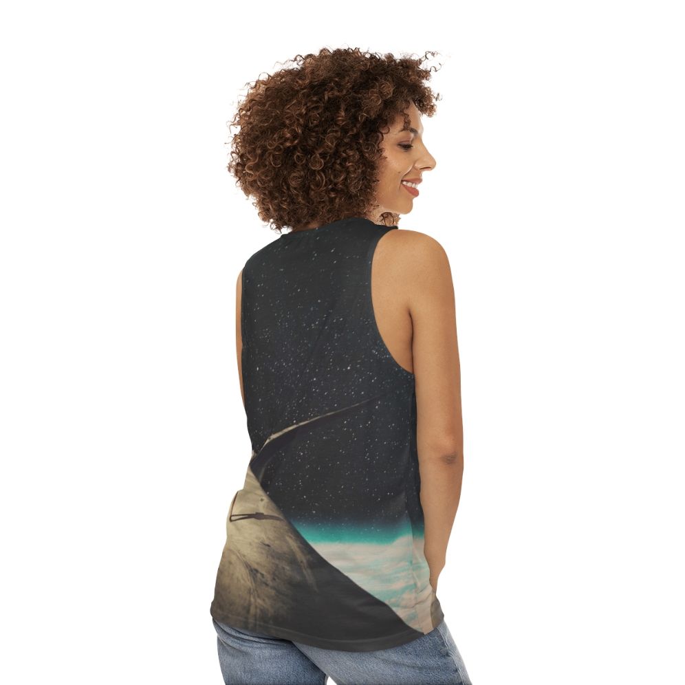 Vintage graphic unisex tank top with surreal space illustration - women back