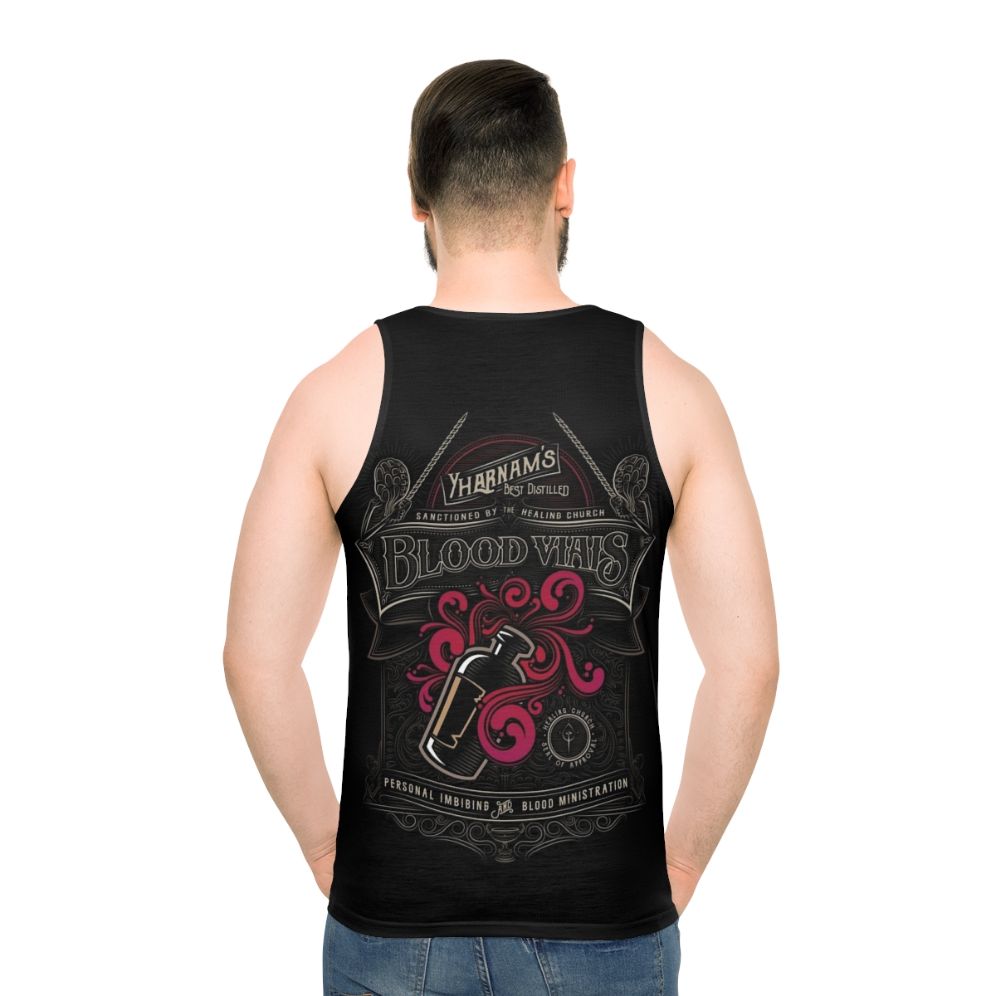 Yharnam's Blood Vials Unisex Tank Top featuring a gothic and Lovecraft-inspired design - men back