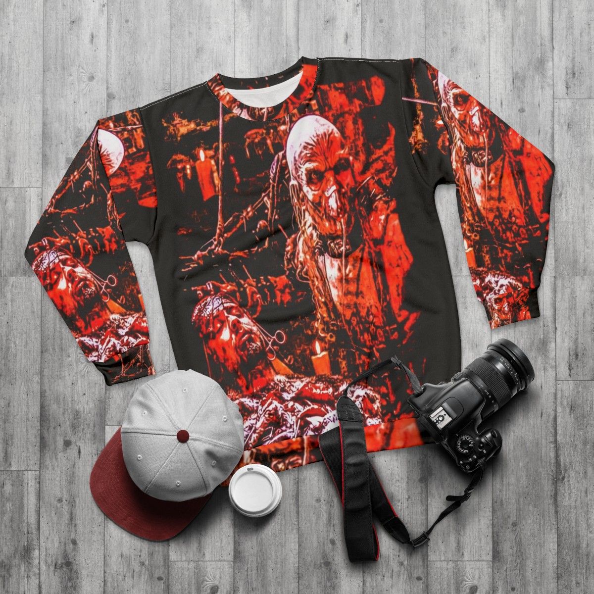 Dr. Satan horror-themed sweatshirt - flat lay