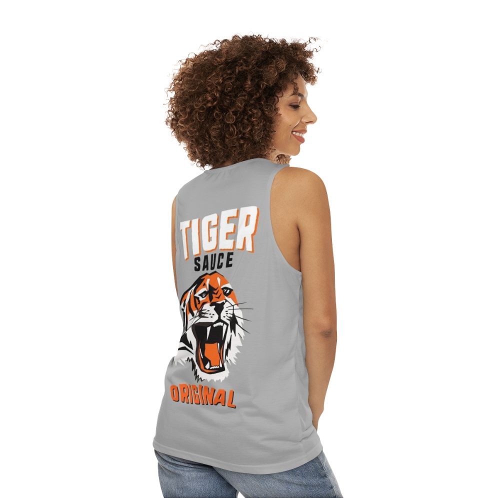 Unisex tank top with tiger sauce graphic - women back