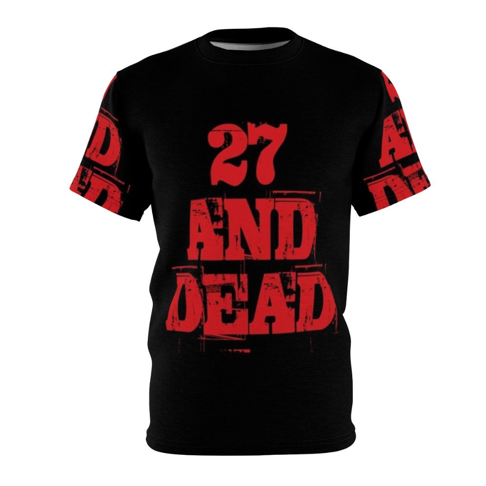 Retro t-shirt design featuring the text "27 And Dead" with a zombie-inspired graphic.