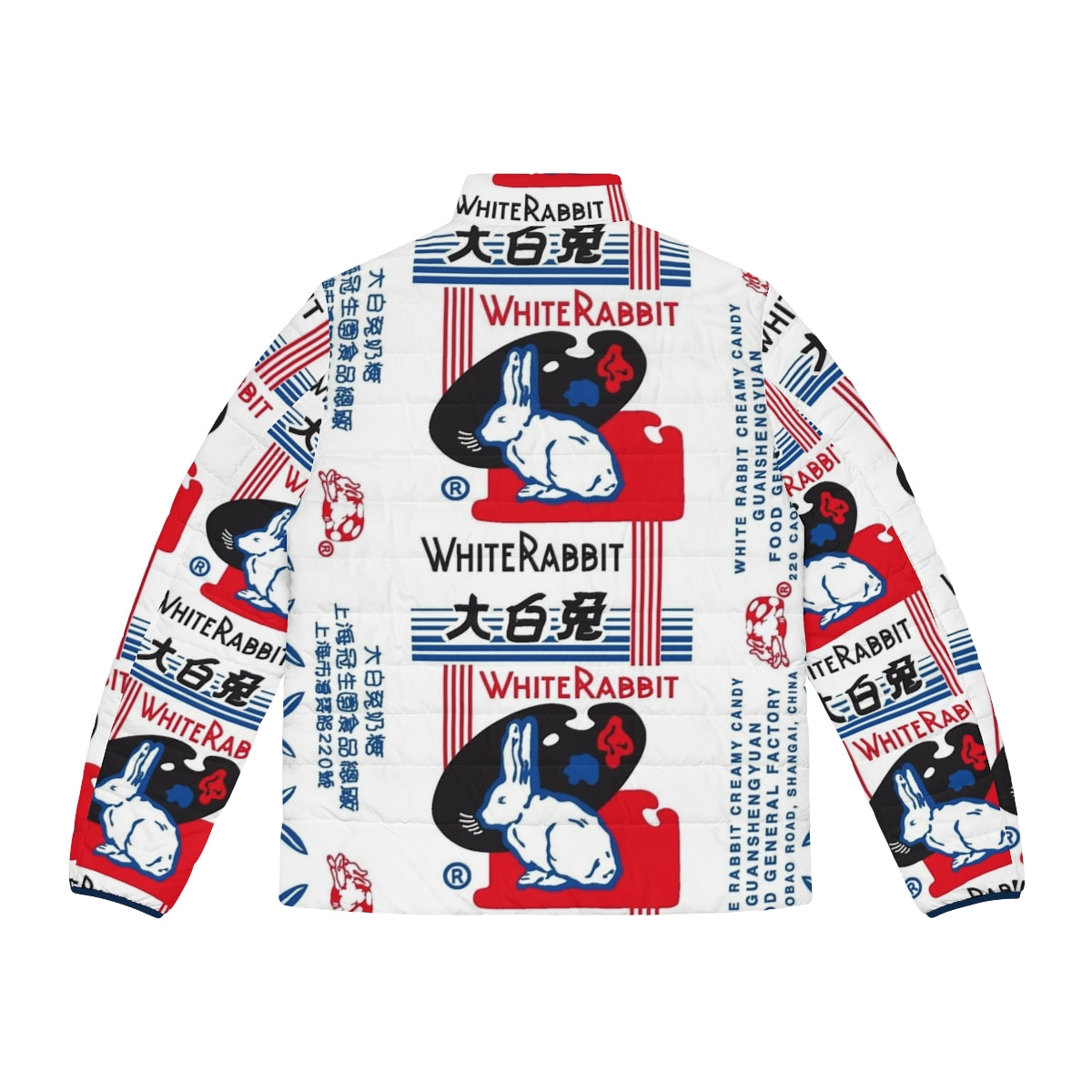 Cozy white puffer jacket featuring the iconic White Rabbit candy design - Back