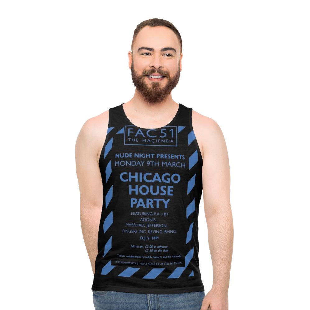 Unisex tank top featuring the iconic Hacienda club from the Chicago house music scene in 1987 - men