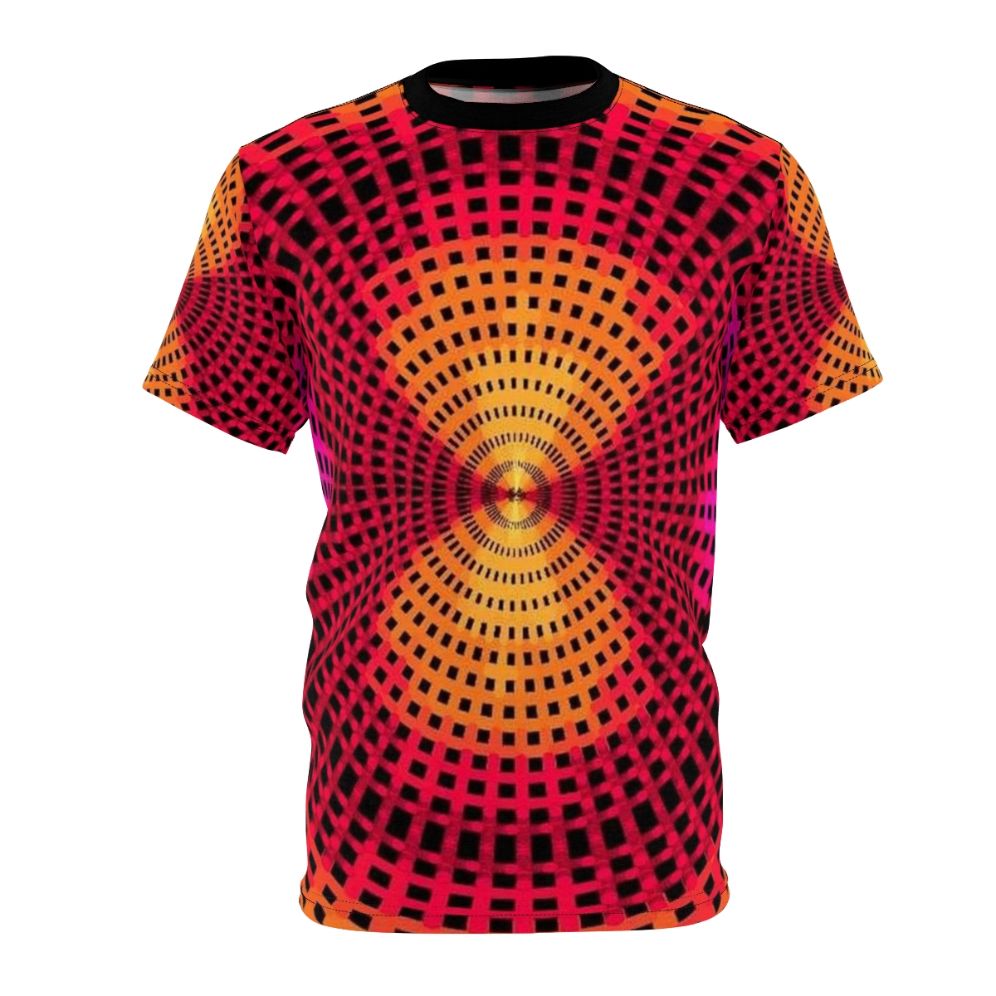 A t-shirt featuring a vibrant, concentric circle pattern in a modern, abstract design.