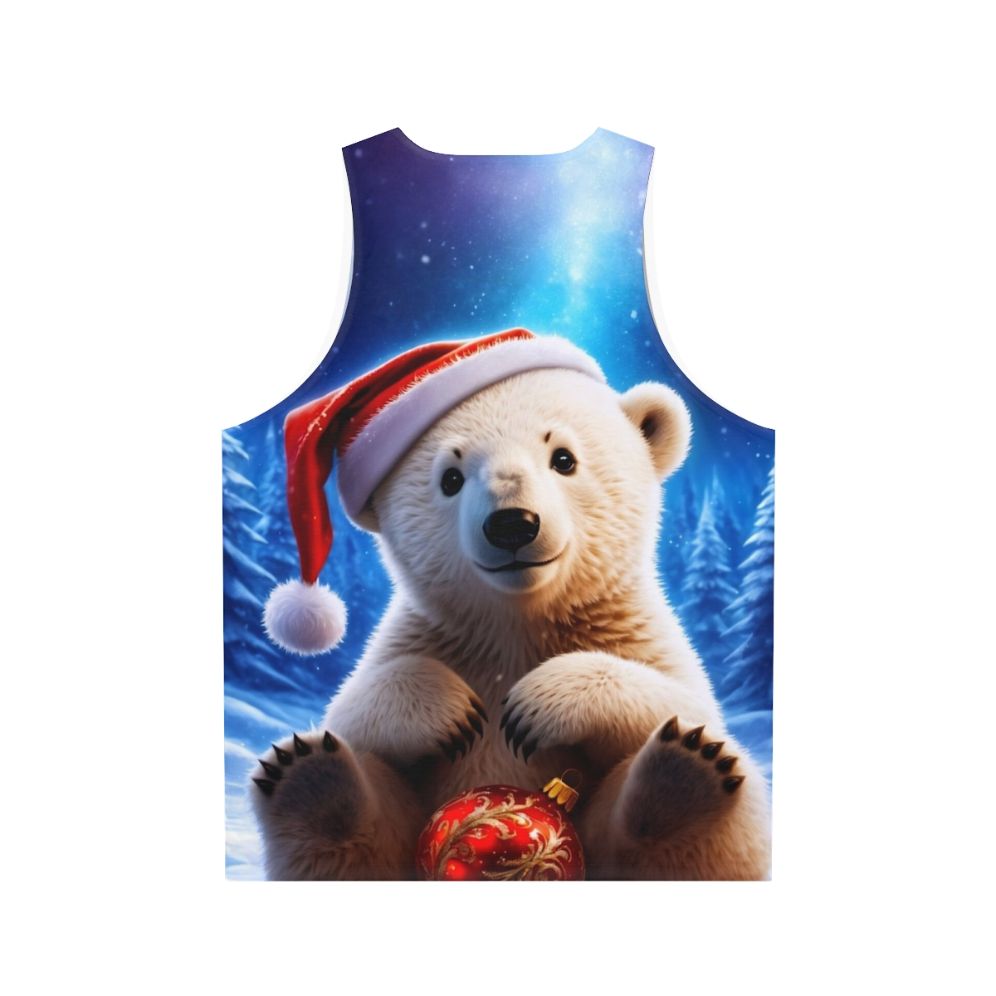 Polar bear cub in a winter wonderland with Christmas ornaments - Back