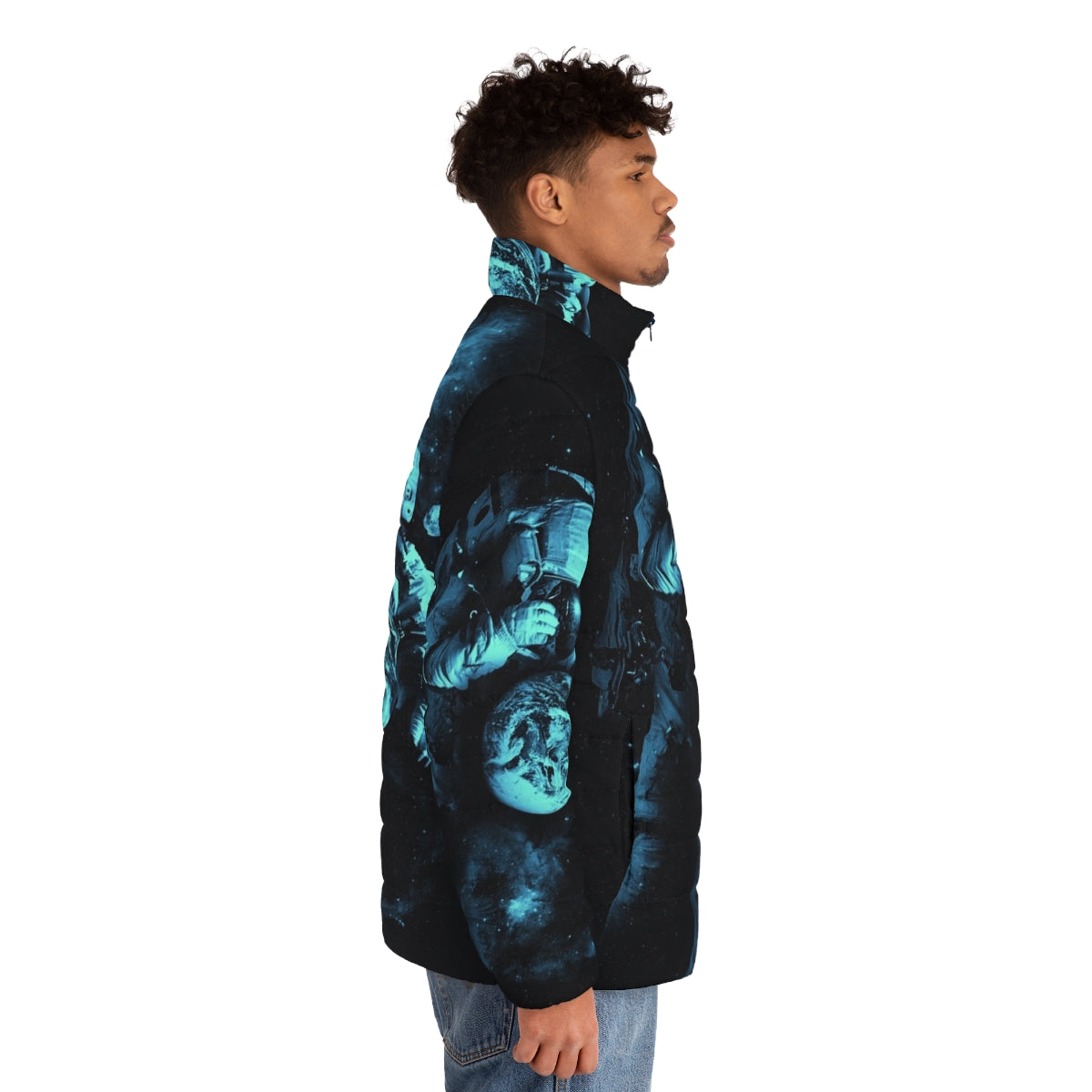 Puffer jacket with a surreal, cosmic design featuring an astronaut, planets, and the Milky Way galaxy. - men side right