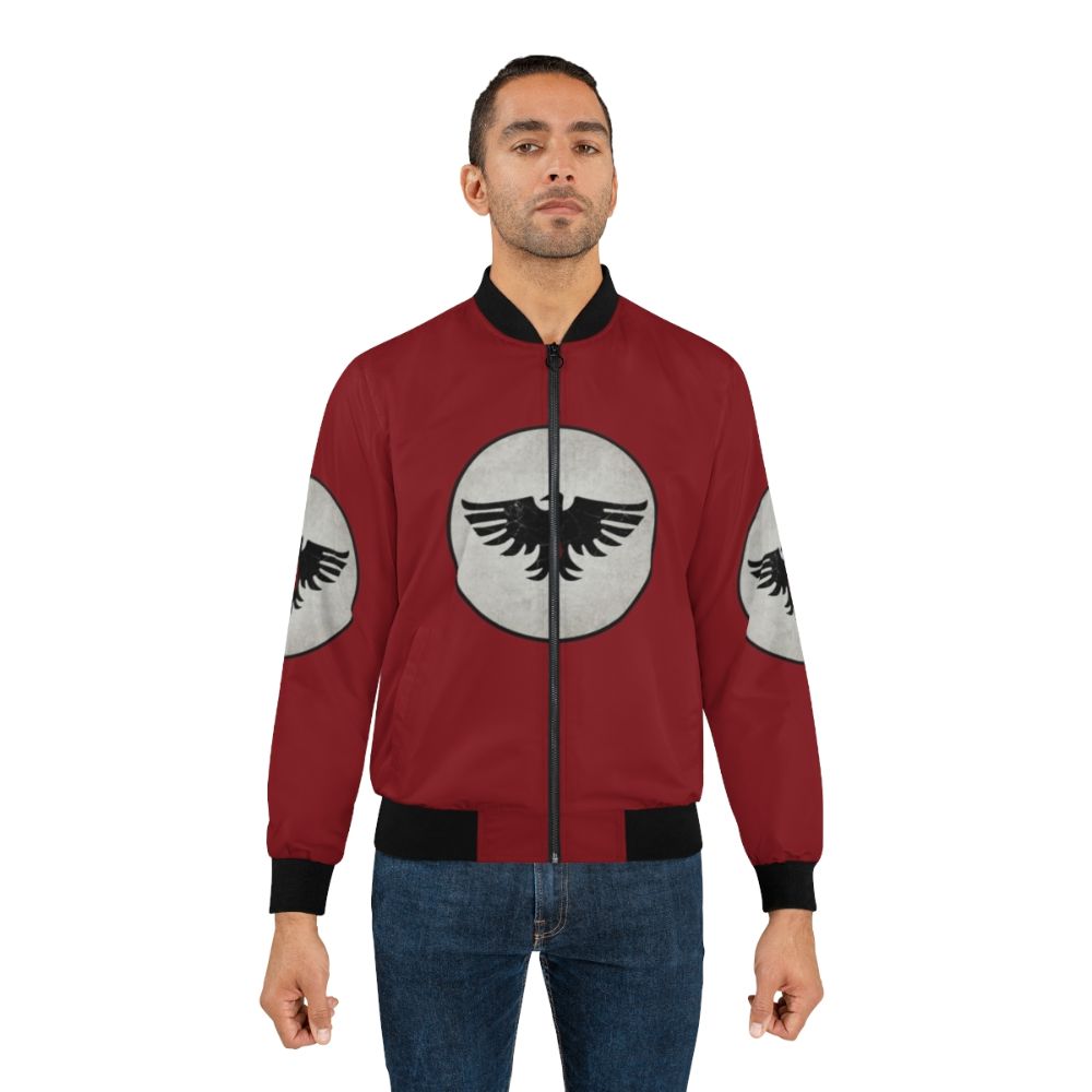 Blood Ravens Space Marine Bomber Jacket featuring the iconic chapter insignia and shoulder pauldron design - Lifestyle