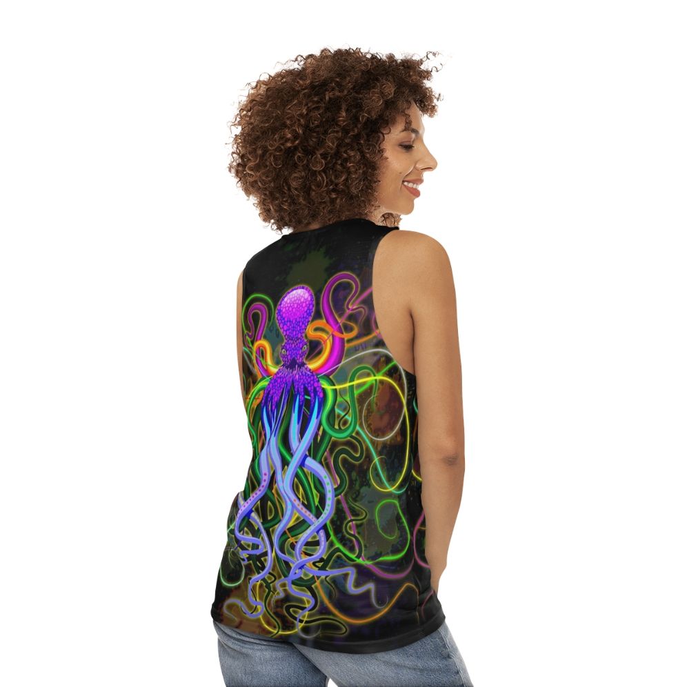 Colorful psychedelic octopus with luminescent tentacles - women back