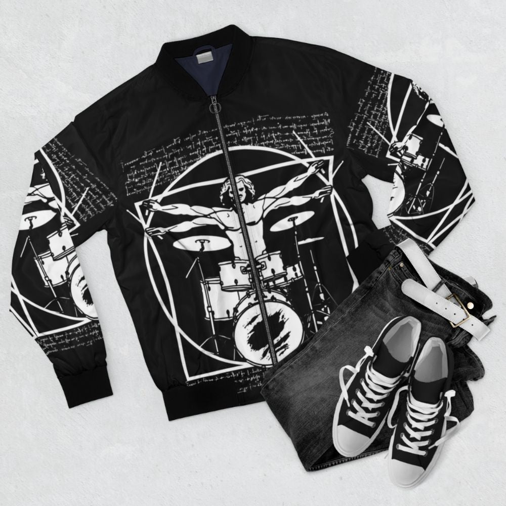 Da Vinci Drummer - Vitruvian Man Playing Drums Bomber Jacket Design - Flat lay