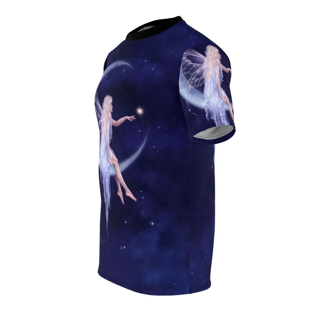 Whimsical fairy figure floating in a starry night sky featuring a crescent moon - men left