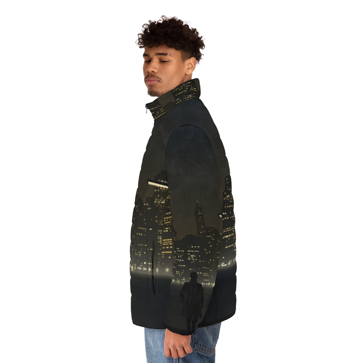 Deus Ex cyberpunk-inspired puffer jacket with warriors and landscapes design - men side left