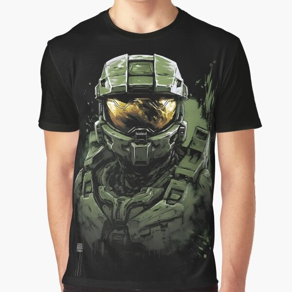 Master Chief character from the Halo video game franchise wearing abstract gaming art design