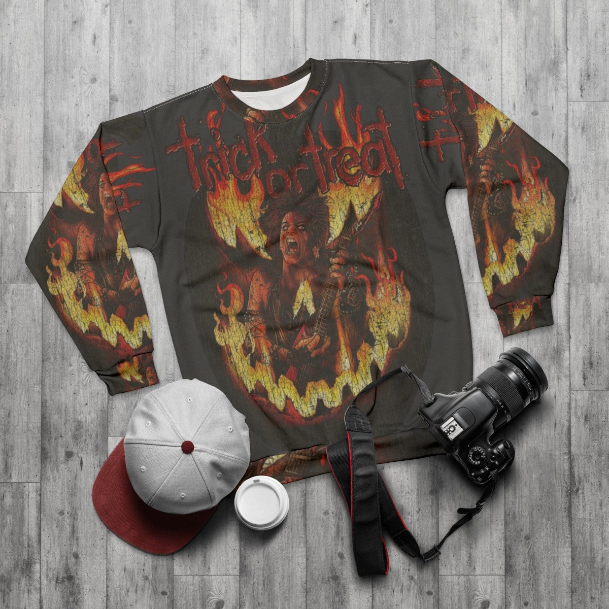 Retro 1980s Trick or Treat Heavy Metal Sweatshirt - flat lay