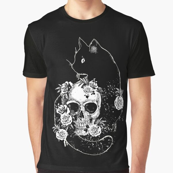 Graphic t-shirt featuring a black cat with a skull and skeleton in a black and white gothic design.