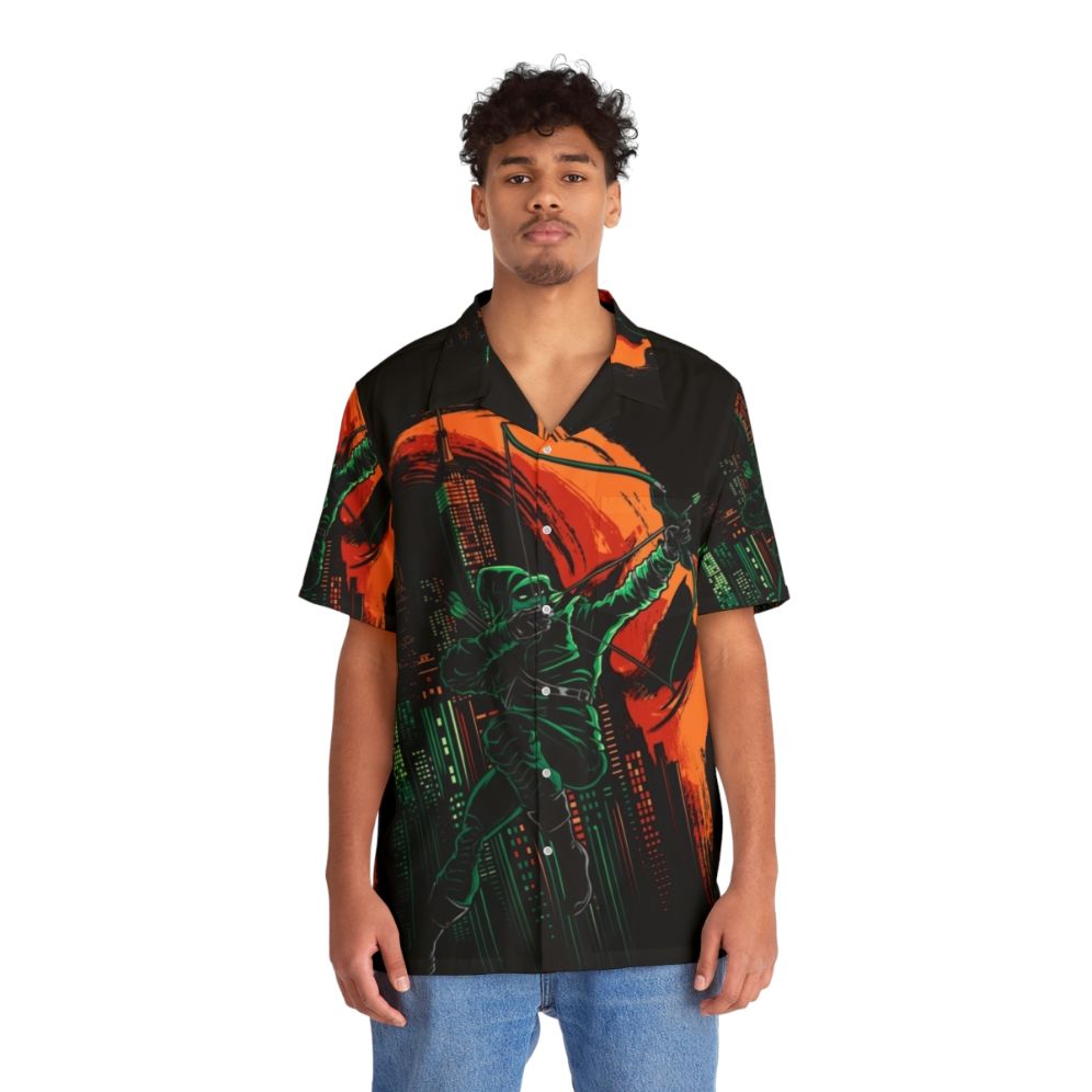 Green Hawaiian Shirt featuring Oliver Queen's Vigilante and Deathstroke Villain from DC Comics - People Front