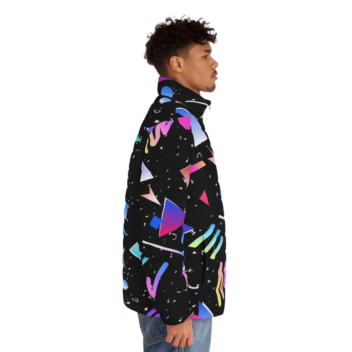 Black puffer jacket with abstract 90s 80s retro pattern - men side right