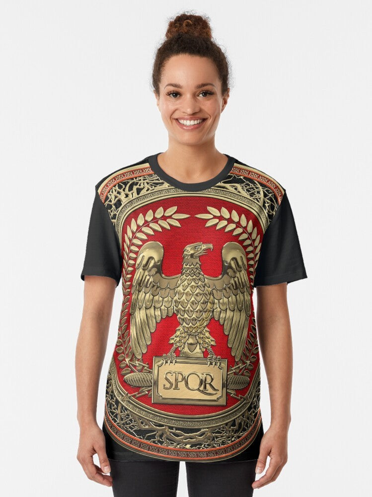 Gold Roman Imperial Eagle over Black Leather Graphic T-Shirt - Women