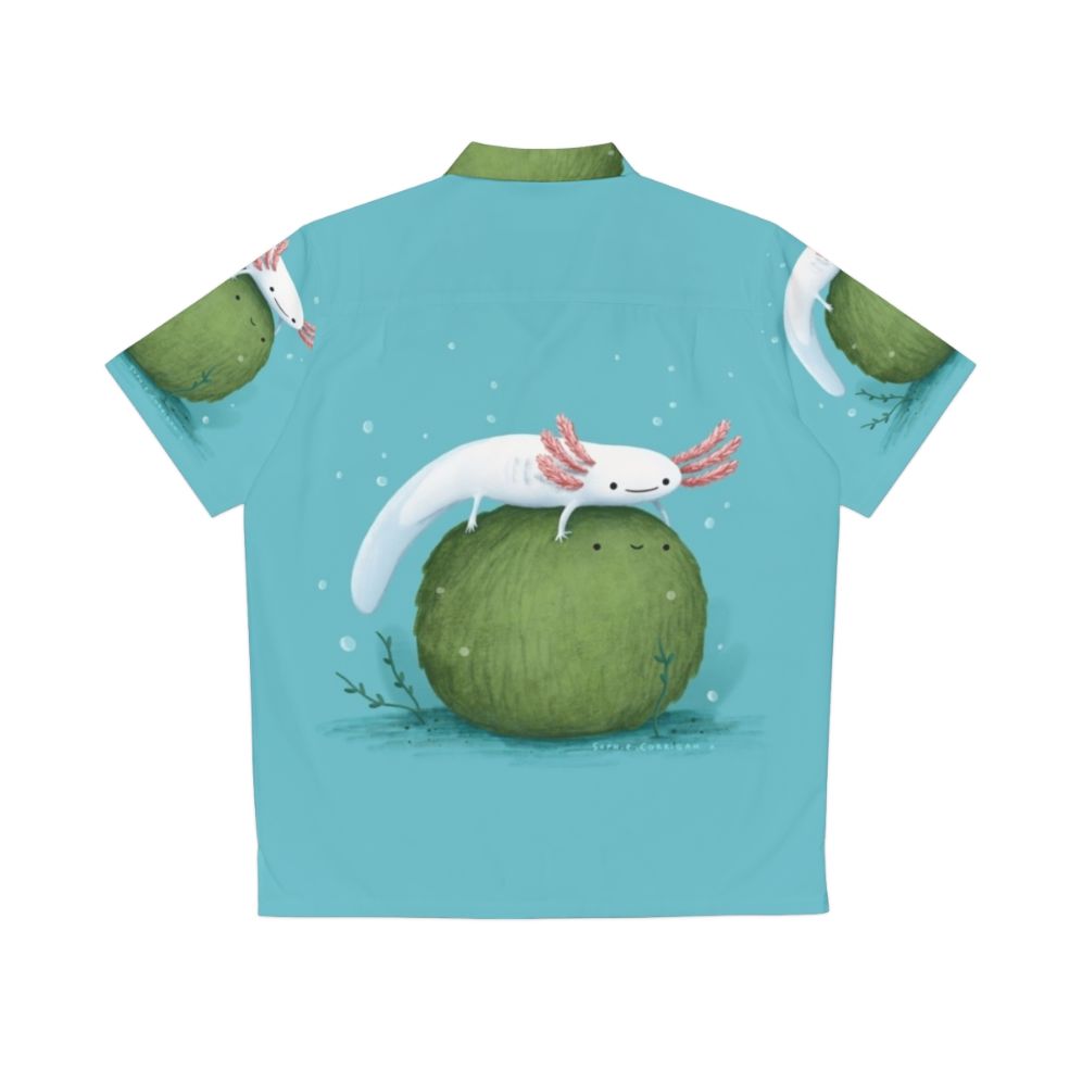 Axolotl sitting on a mossball, featured on a vibrant Hawaiian shirt - Back