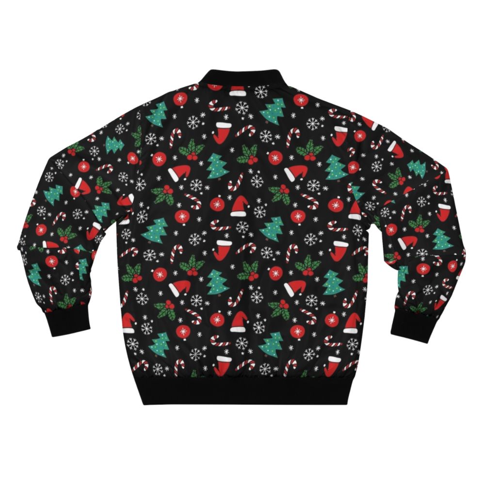 A cozy and stylish Christmas bomber jacket featuring a festive pattern with flowers, music notes, trees, and snowflakes. - Back