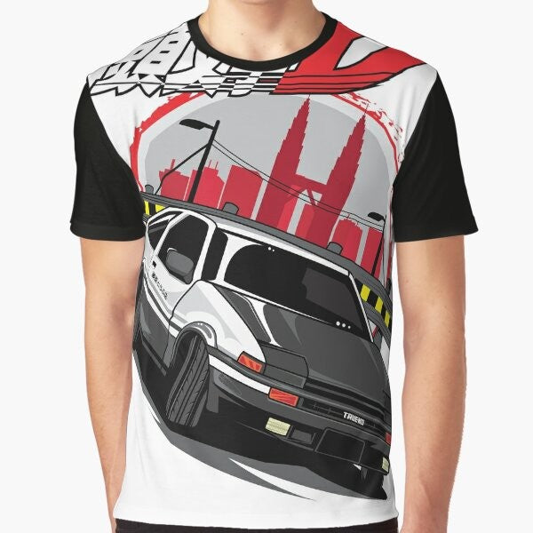 Initial D AE86 Graphic T-Shirt featuring the iconic Toyota Corolla Levin AE86 from the legendary anime series.