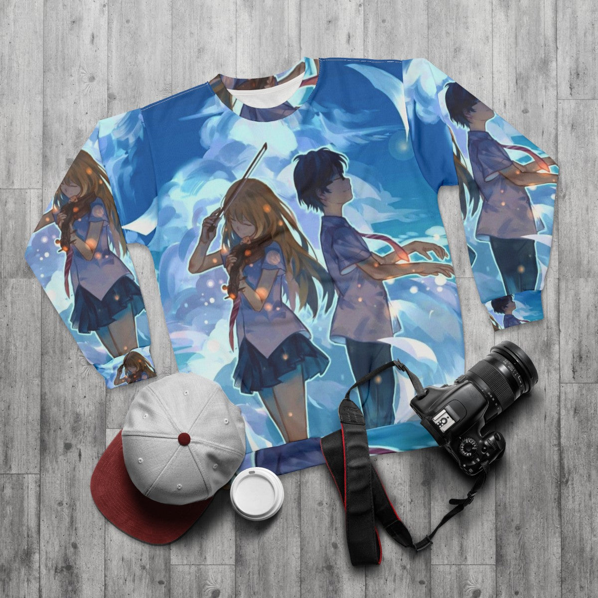 Your Lie in April anime sweatshirt featuring Kousei and Kaori - flat lay