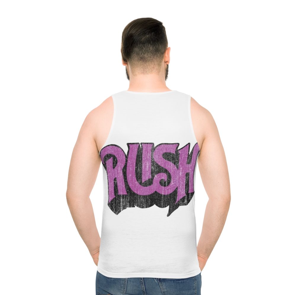 Unisex rush band distressed logo tank top - men back